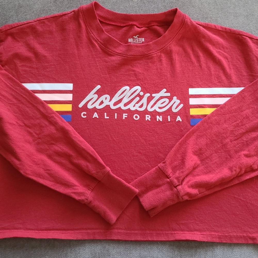 Hollister California Red Long Sleeve Cropped Fit Logo Tee Size SMALL